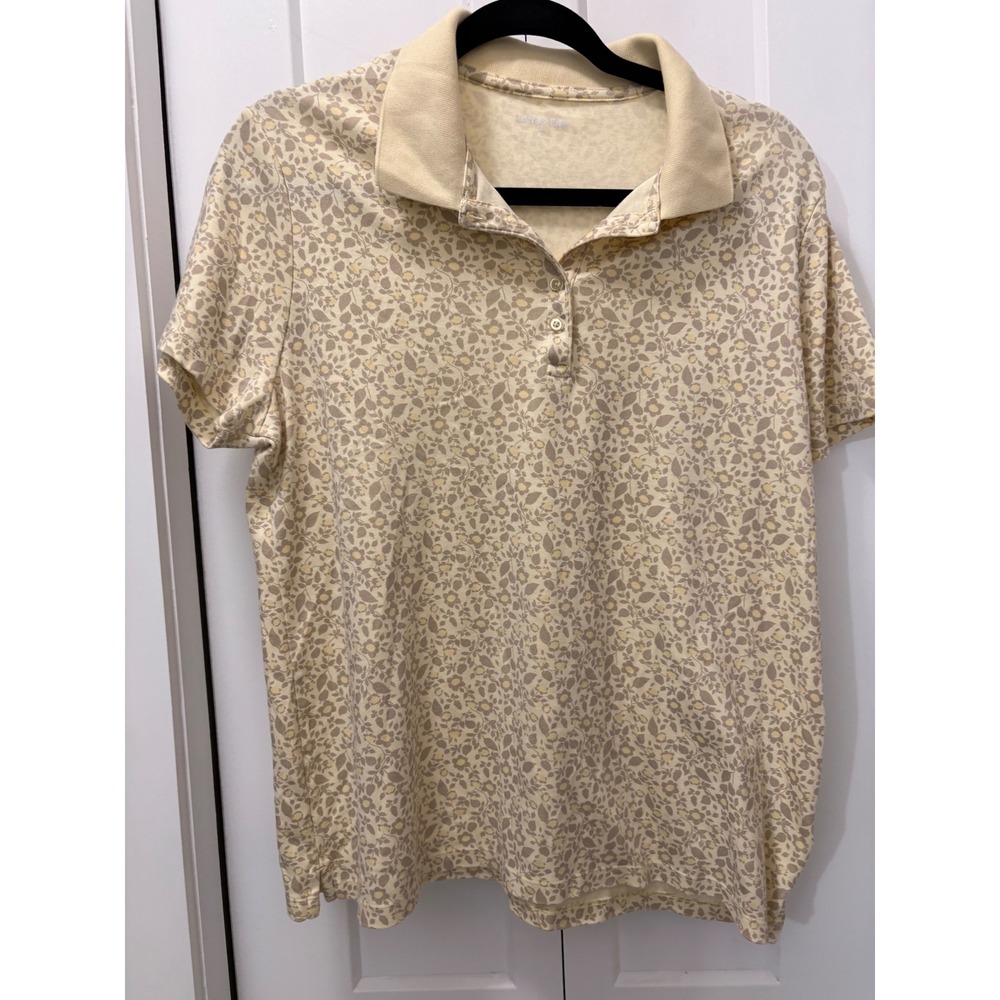 Lands End Womens Floral Polo Shirt Short Sleeve Yellow Ditsy Print Large